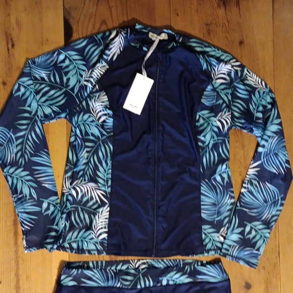 Grace Karin Rashguard Swimsuit Womens 2XL Blue Aloha Floral Palm 2 Piece Set NWT - Picture 3 of 7